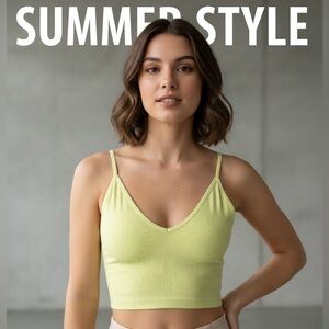 Medium Neon yellow/green Ribbed V-Neck Crop Top with Adjustable Straps
